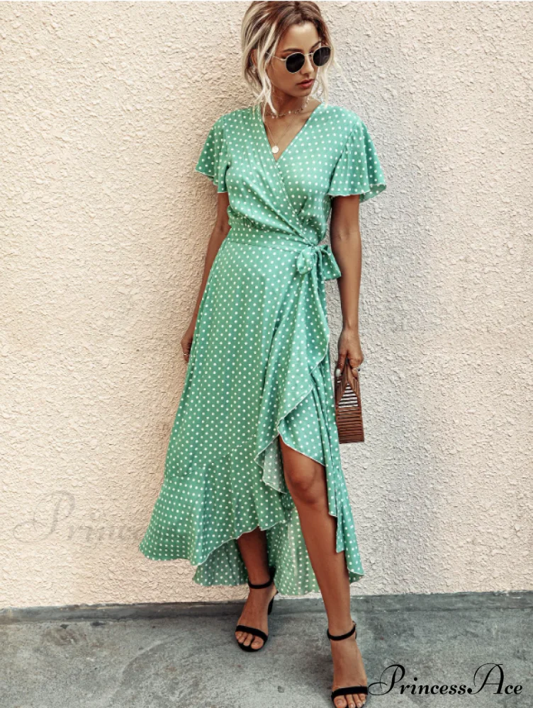 V-Neck Coastal Vacation Dot Polka Short-Sleeved Warm-Season Ruffle for Gown Women - Image 7