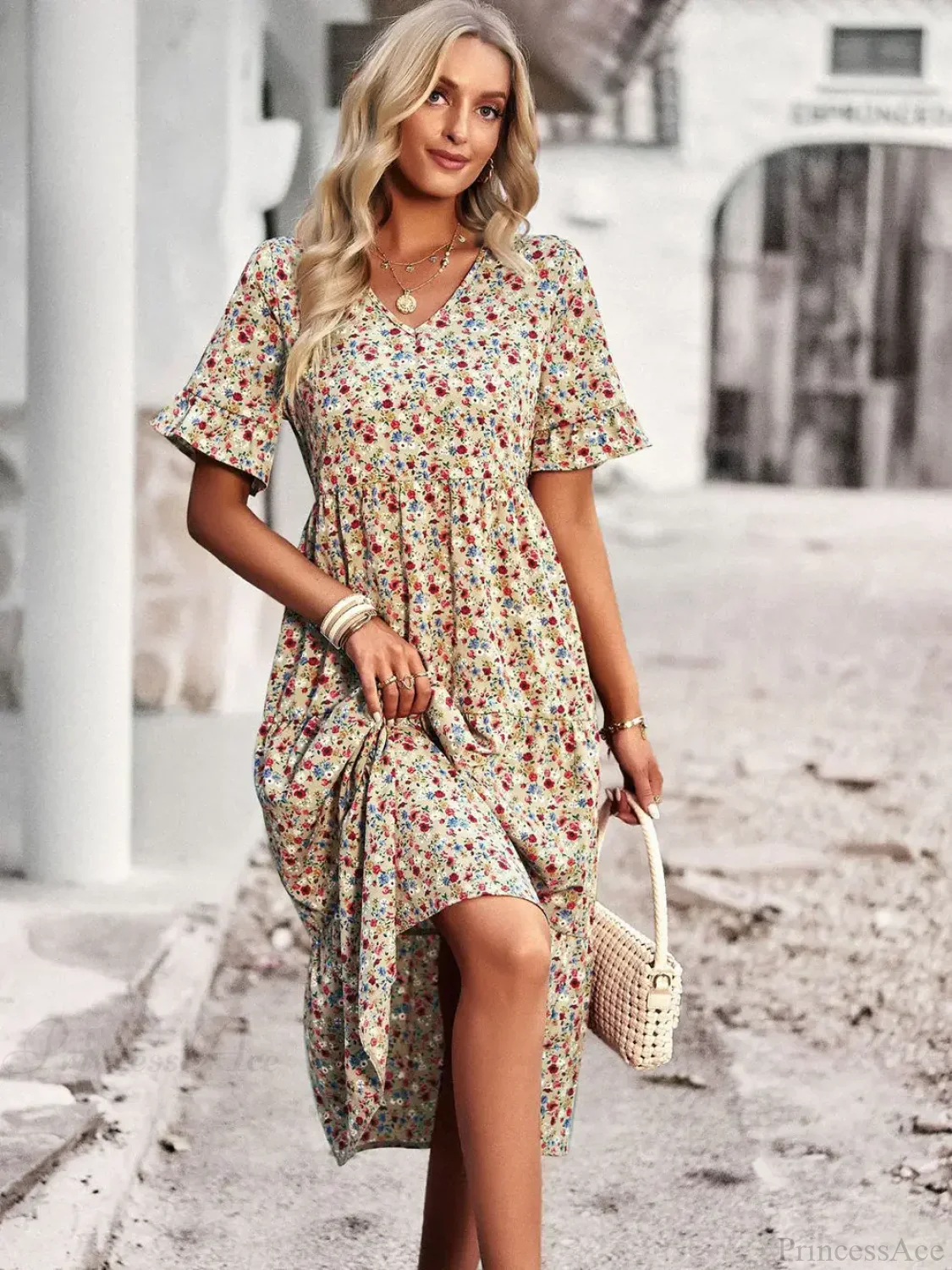 V-neck Elegant Floral Print A-line Holiday Dress - Image 2