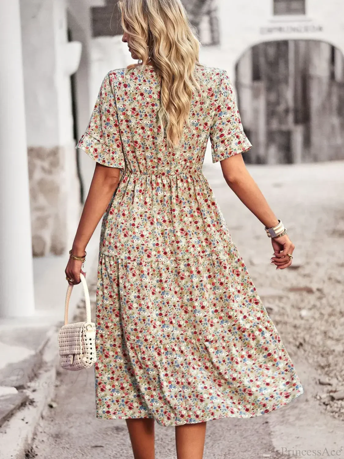 V-neck Elegant Floral Print A-line Holiday Dress - Image 3