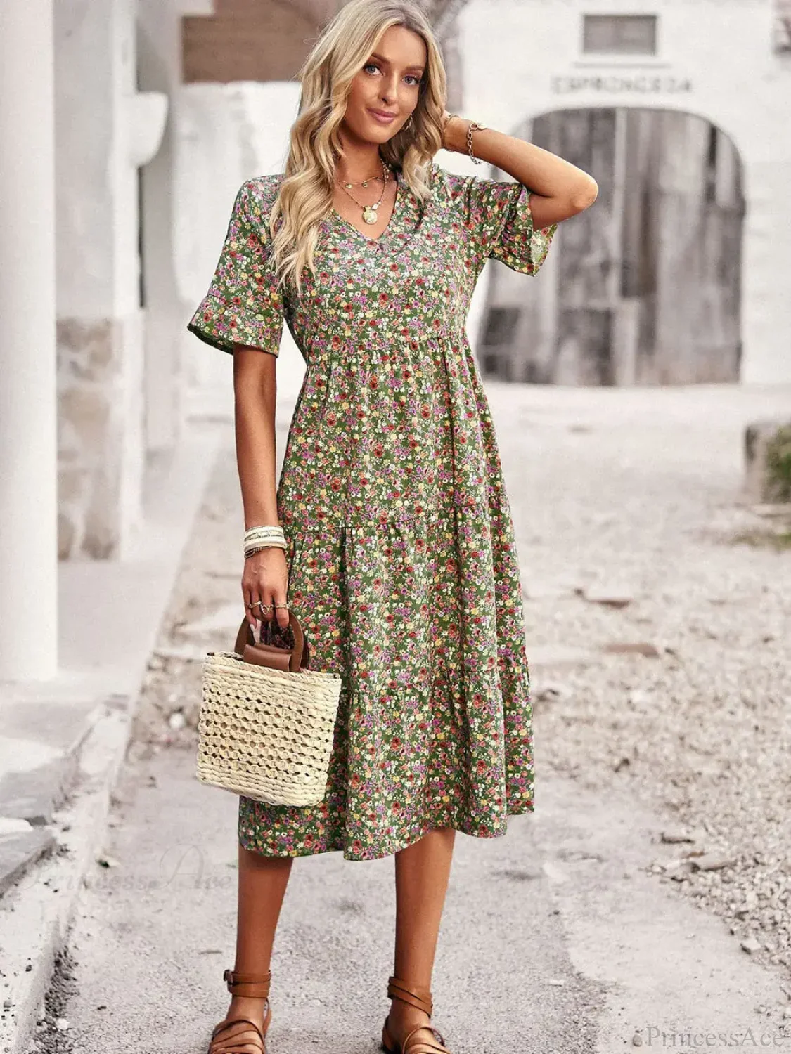 V-neck Elegant Floral Print A-line Holiday Dress - Image 5