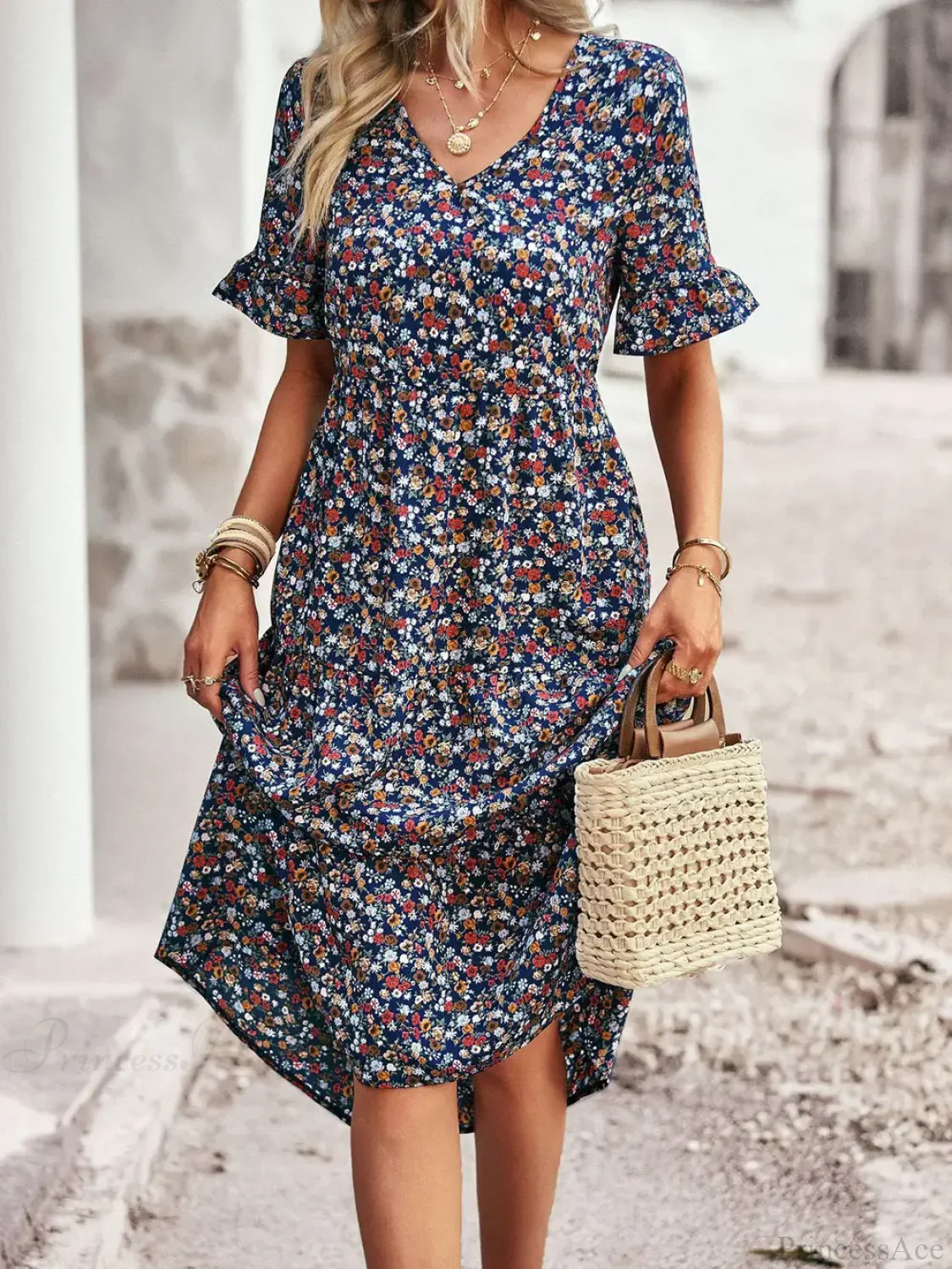 V-neck Elegant Floral Print A-line Holiday Dress - Image 8