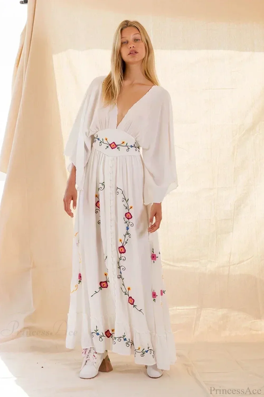 V-neck Embroidery Flower Retro National Boho Dress - Image 6
