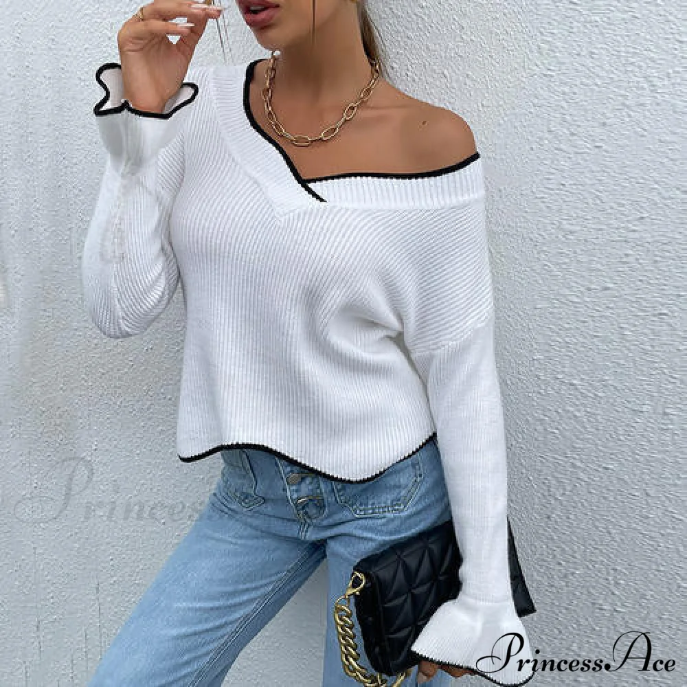 V-Neck Flounce Sweater with Sleeves