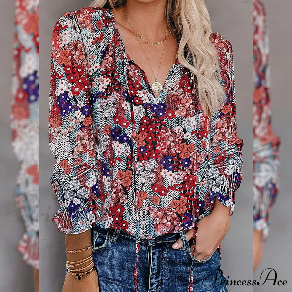 V-Neck Flowered Women's Bohemian Dokotoo Top - Image 5