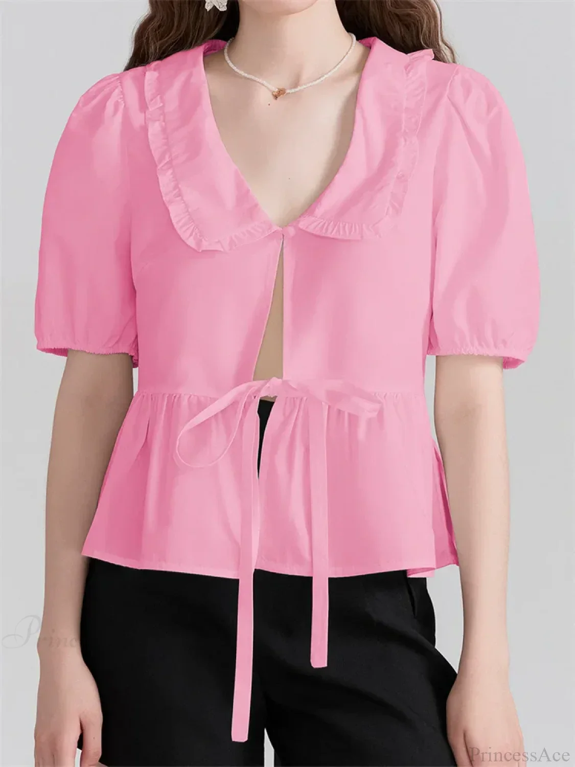V-neck Front Bowknot Tie-Up Blouse - Image 3