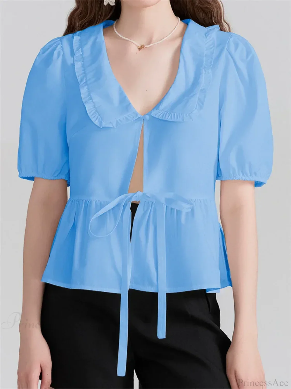 V-neck Front Bowknot Tie-Up Blouse - Image 5