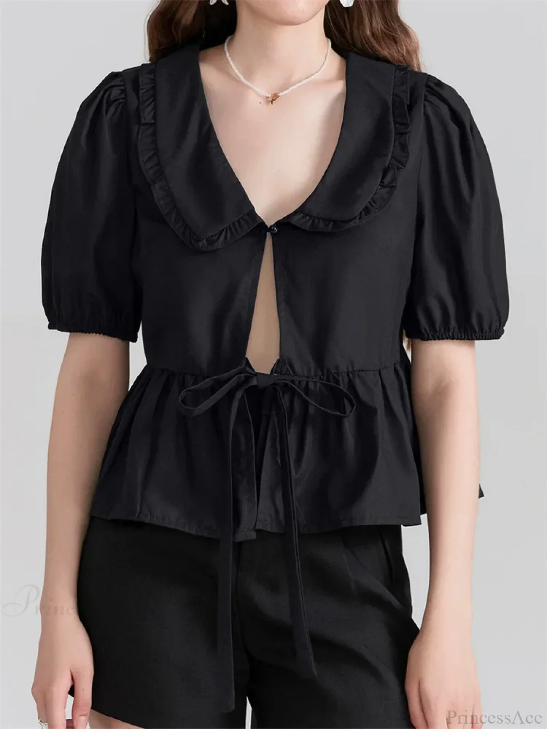 V-neck Front Bowknot Tie-Up Blouse - Image 6