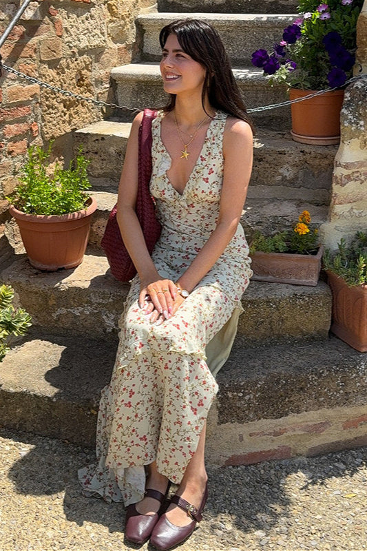 V Neck Halter Floral Ruffled Slim Floral Dress - Image 2