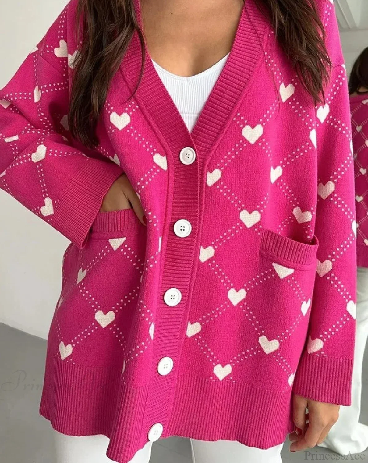 V-neck Heart Pattern Pocket Cardigan - Image 2