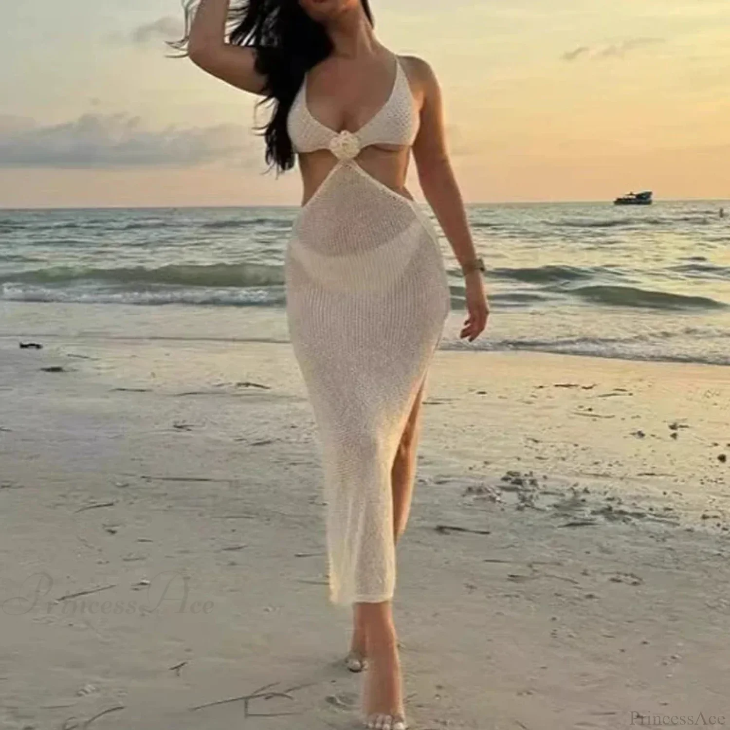 V Neck Hollow Knitted Beach Dress Bikini Set - Image 3