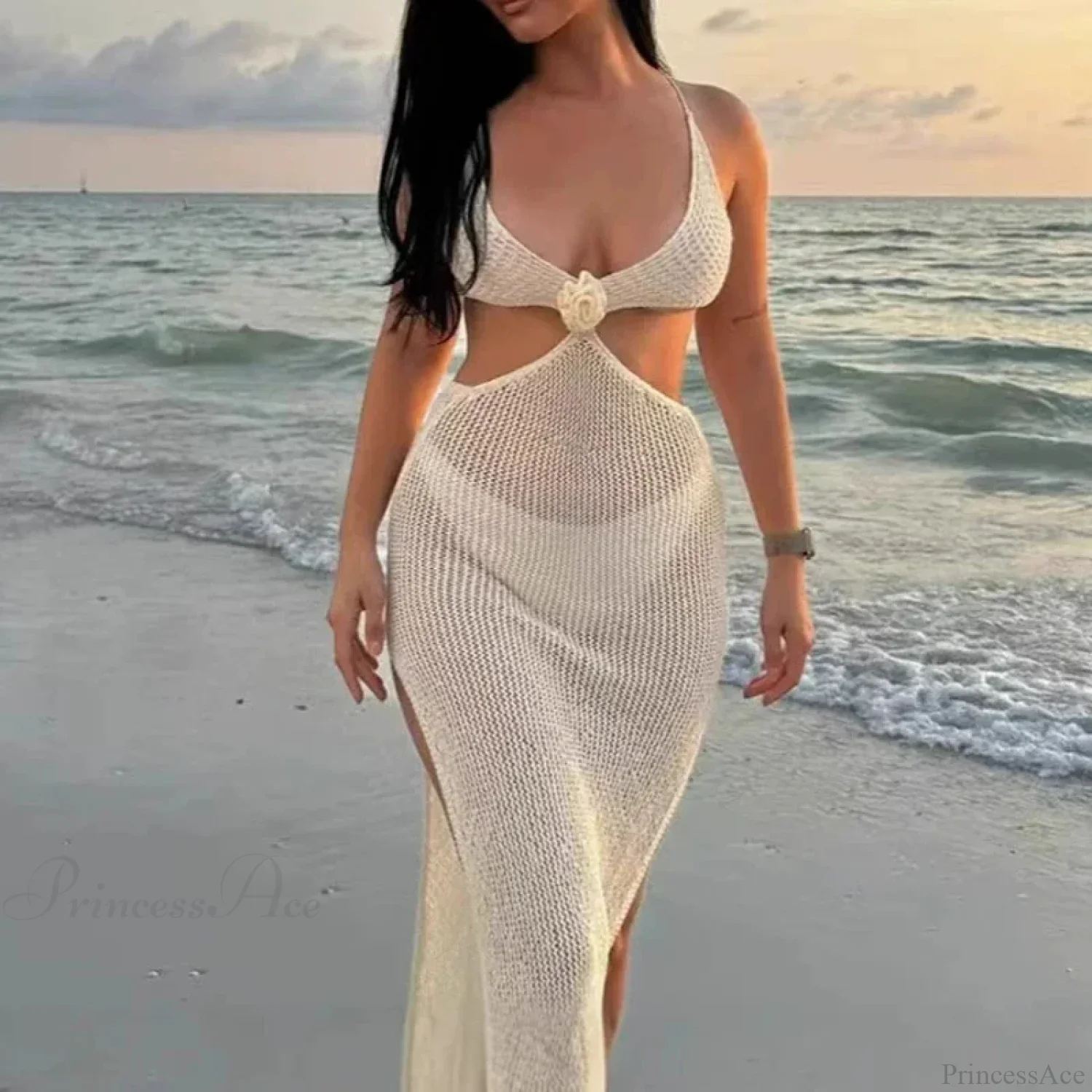 V Neck Hollow Knitted Beach Dress Bikini Set - Image 4