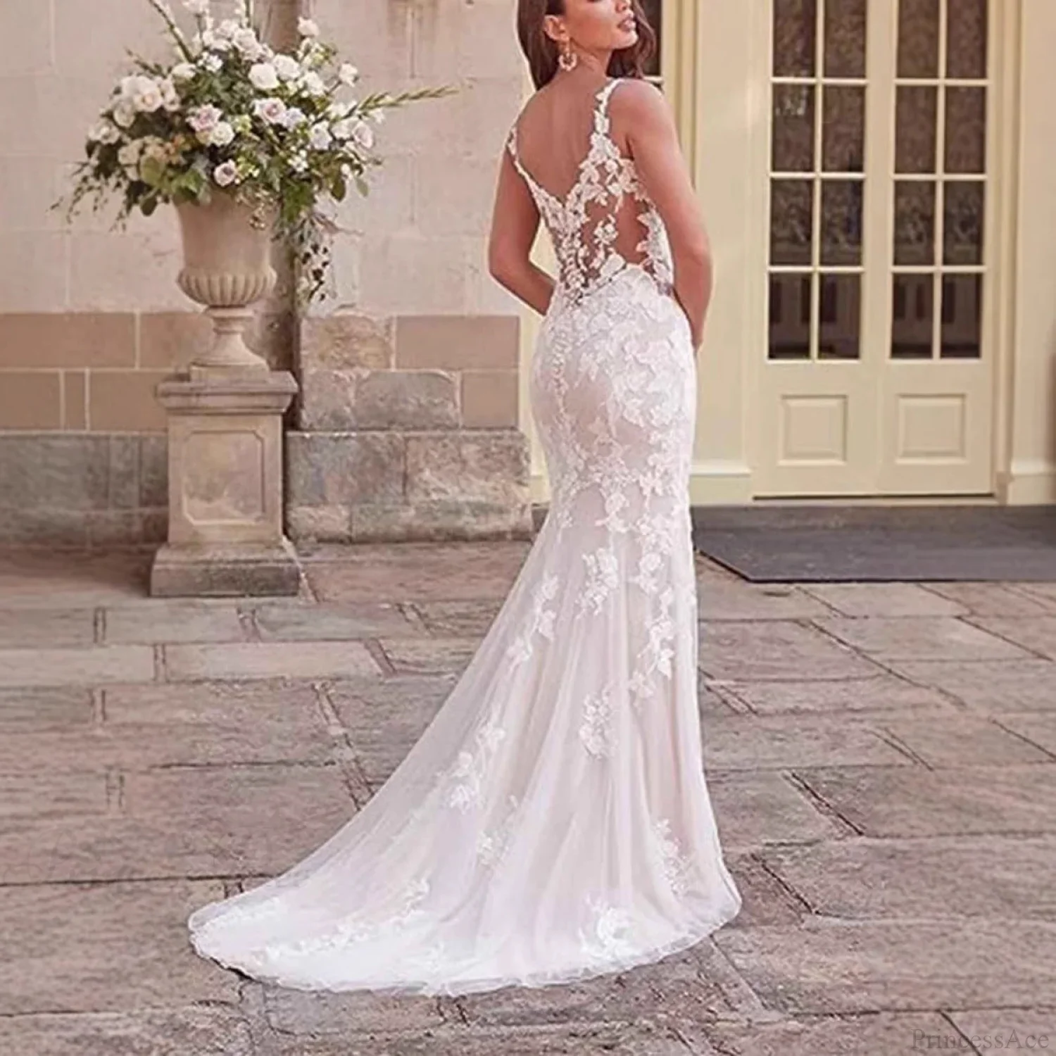 V-Neck Lace Mermaid Bridal Wedding Dress - Image 2