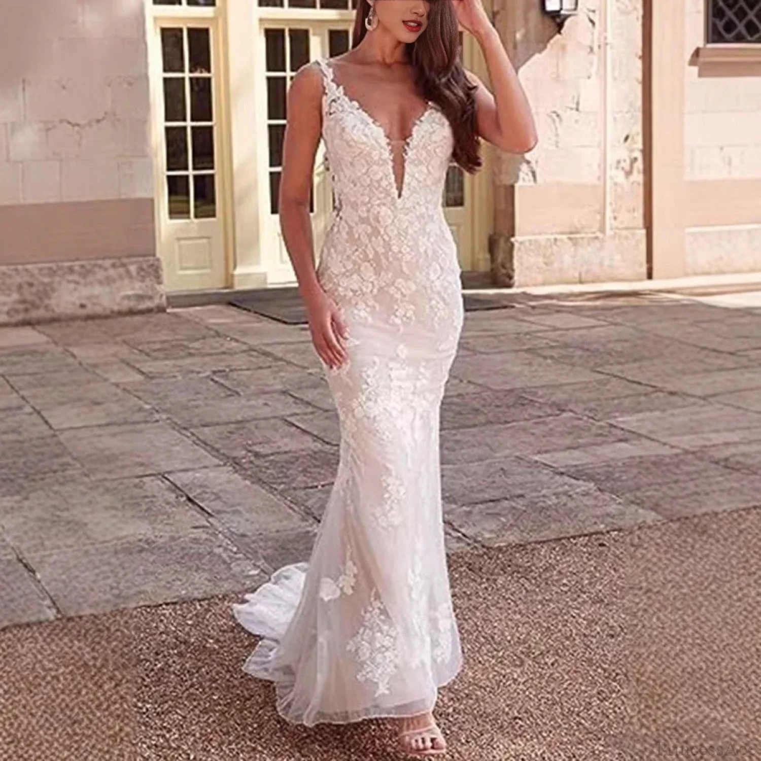 V-Neck Lace Mermaid Bridal Wedding Dress - Image 5