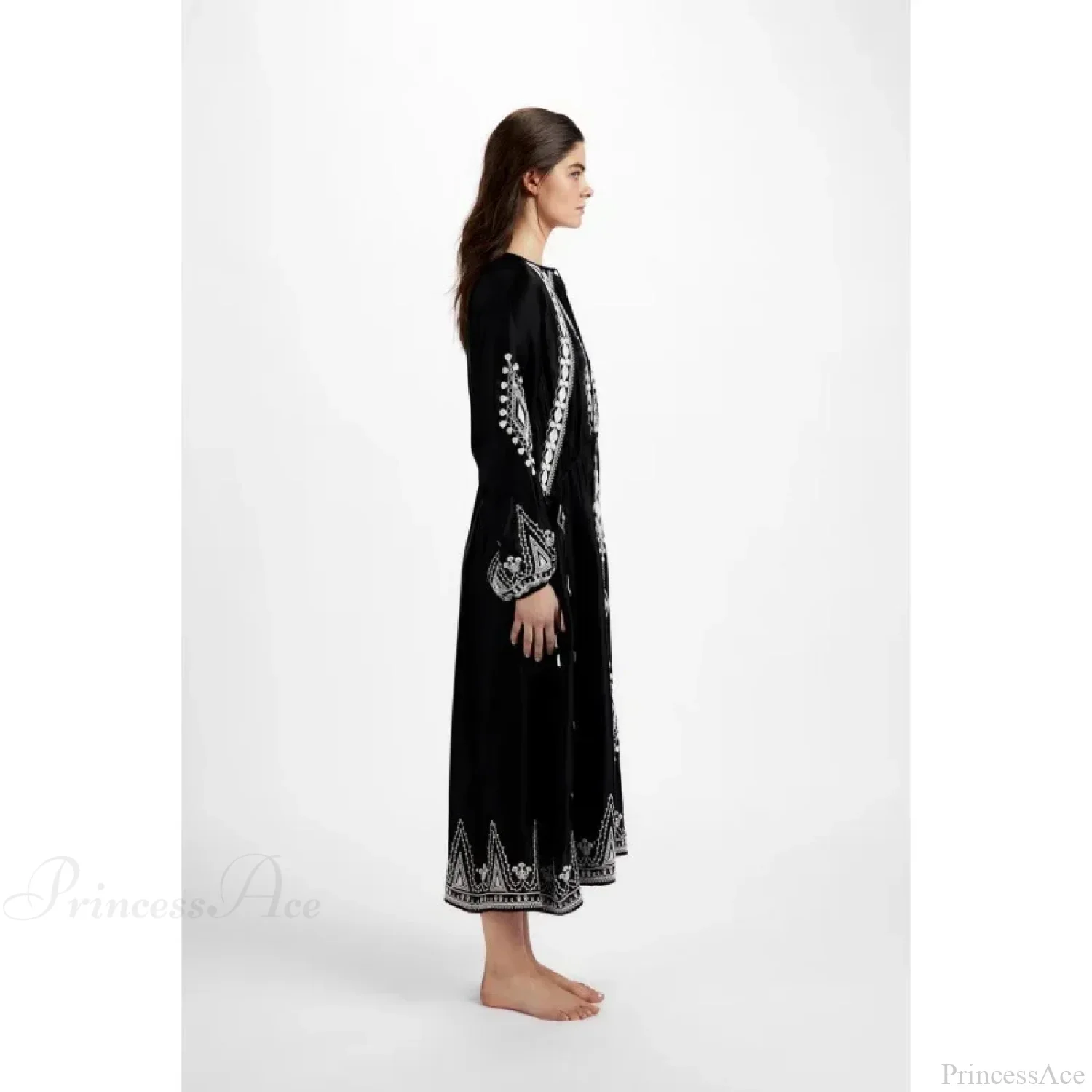 V-neck Lantern Sleeve Free Style Cotton Boho Dress - Image 4