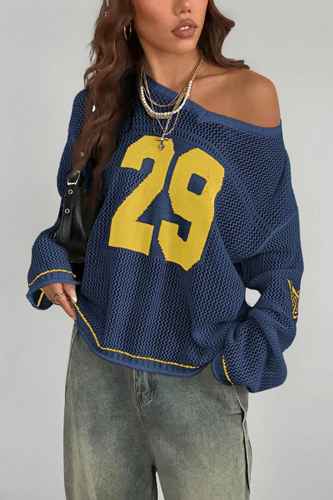 V-Neck Long Sleeve Digital Print Knit Sweater - Image 3