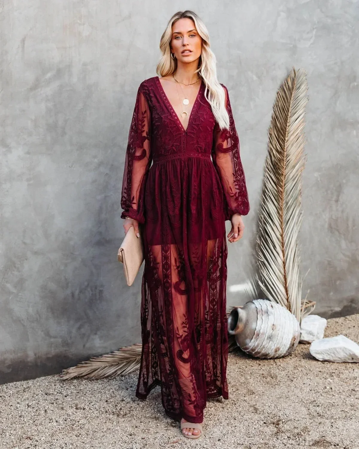 V-neck Long Sleeve Ruffles Hollow Out Maxi Boho Dress - Image 2