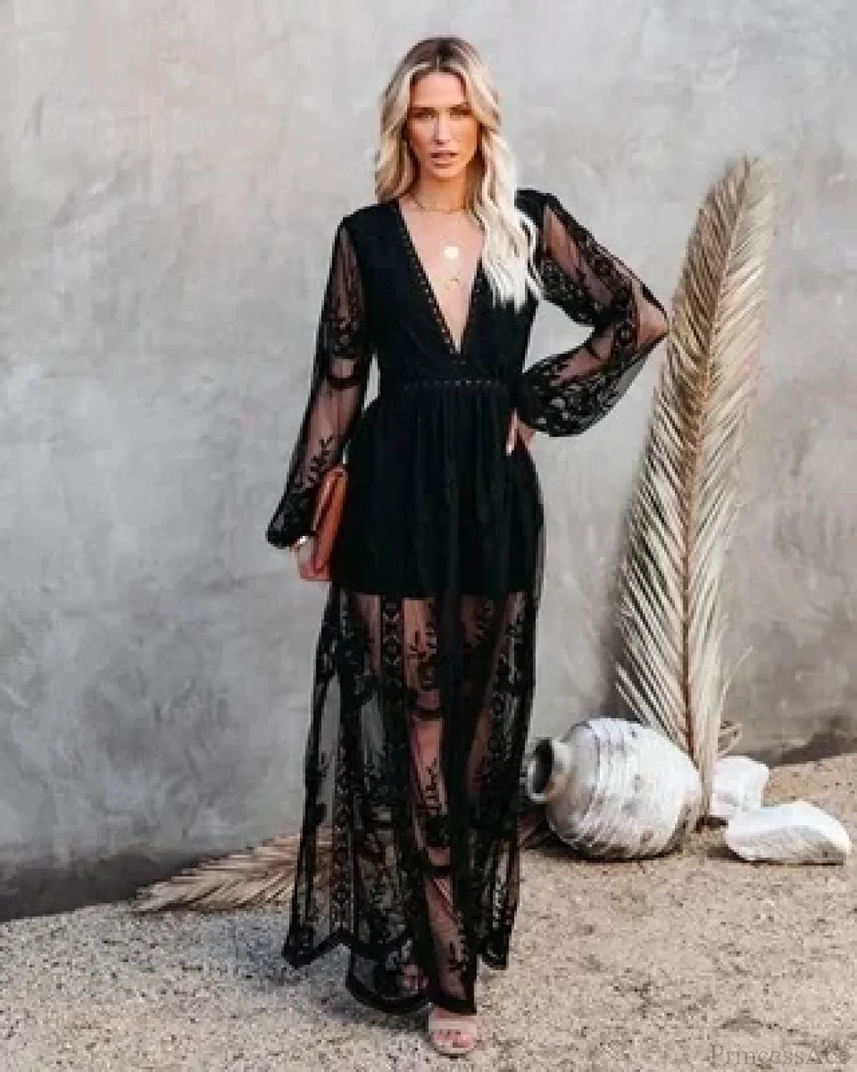 V-neck Long Sleeve Ruffles Hollow Out Maxi Boho Dress - Image 5