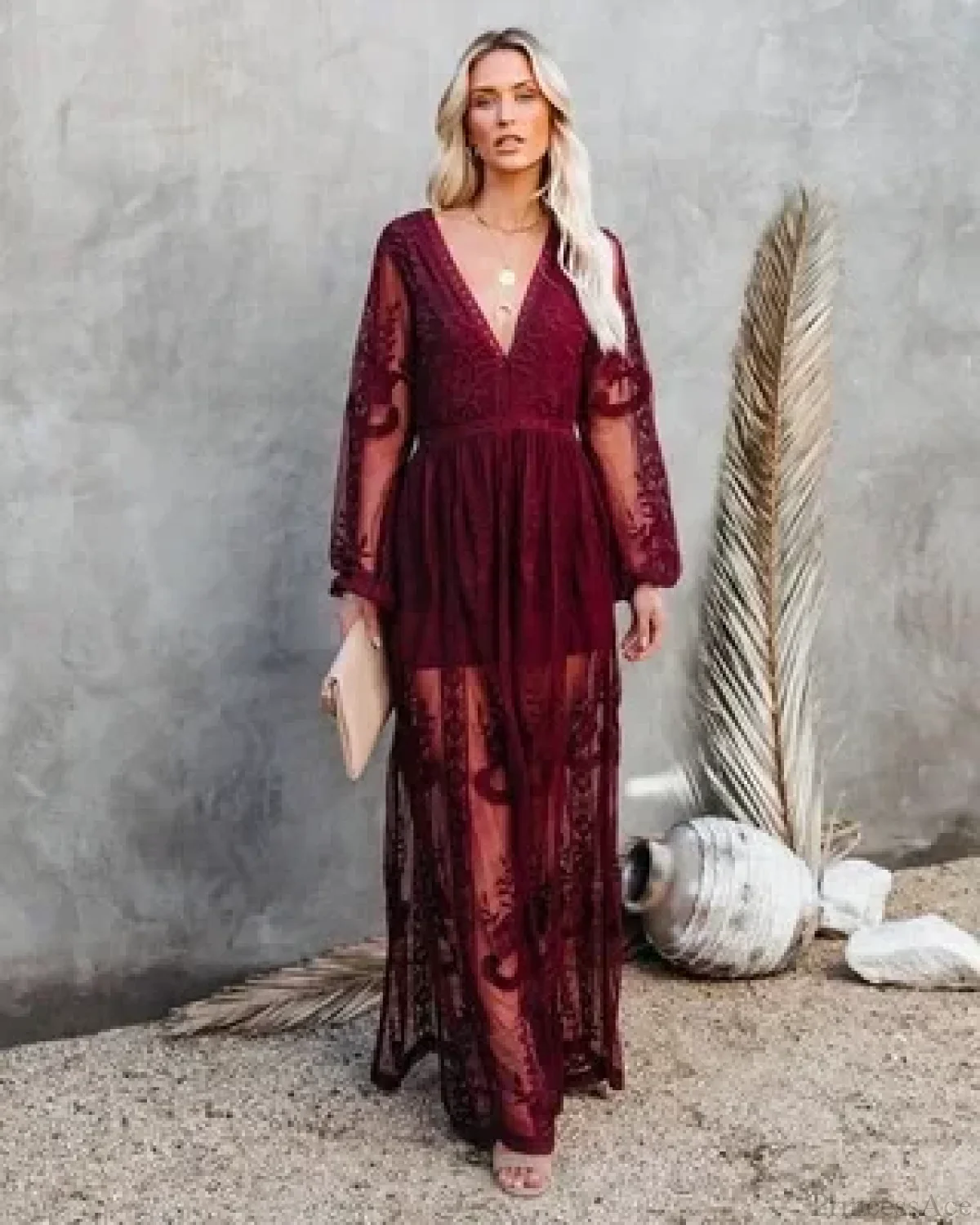 V-neck Long Sleeve Ruffles Hollow Out Maxi Boho Dress - Image 6