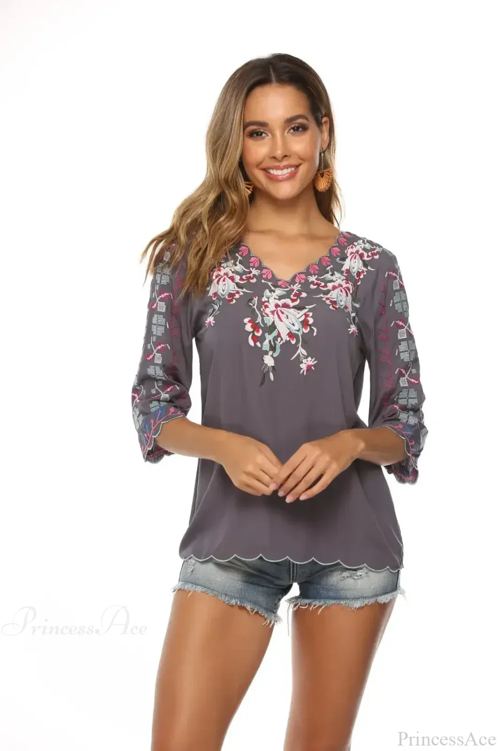 V-Neck Loose Casual Cotton Floral Embroidery Boho Blouse - Image 2
