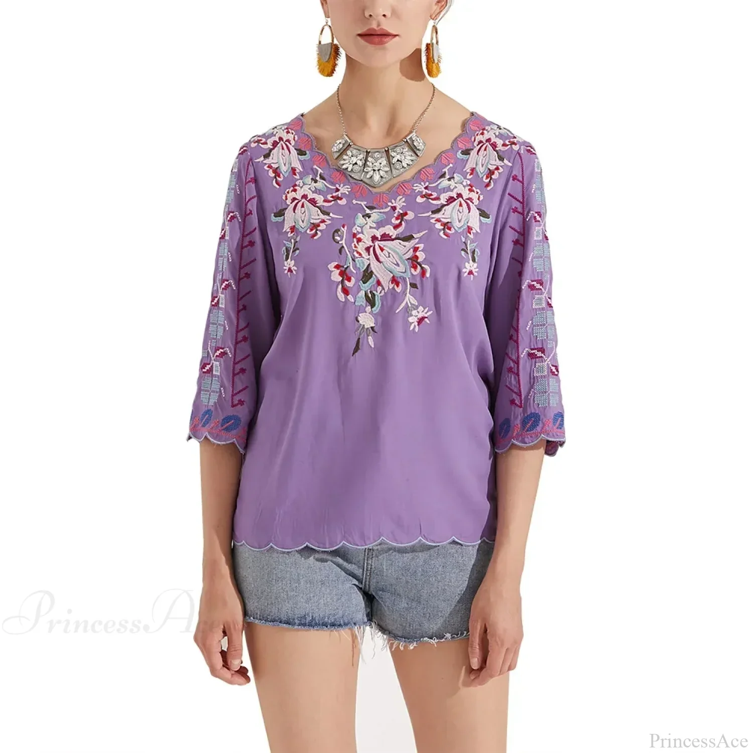 V-Neck Loose Casual Cotton Floral Embroidery Boho Blouse - Image 3