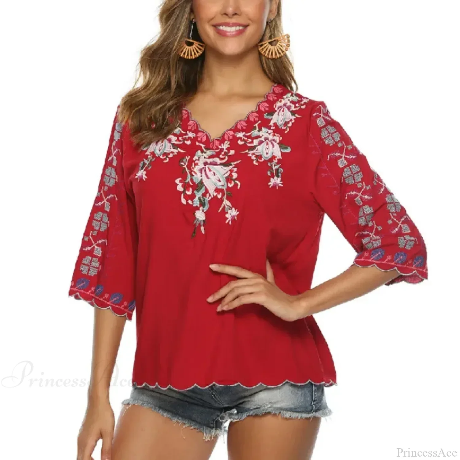 V-Neck Loose Casual Cotton Floral Embroidery Boho Blouse - Image 4