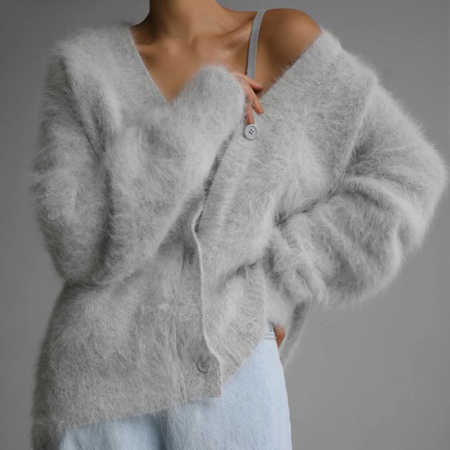 V-Neck Mink Wool Knit Cardigan - Image 3