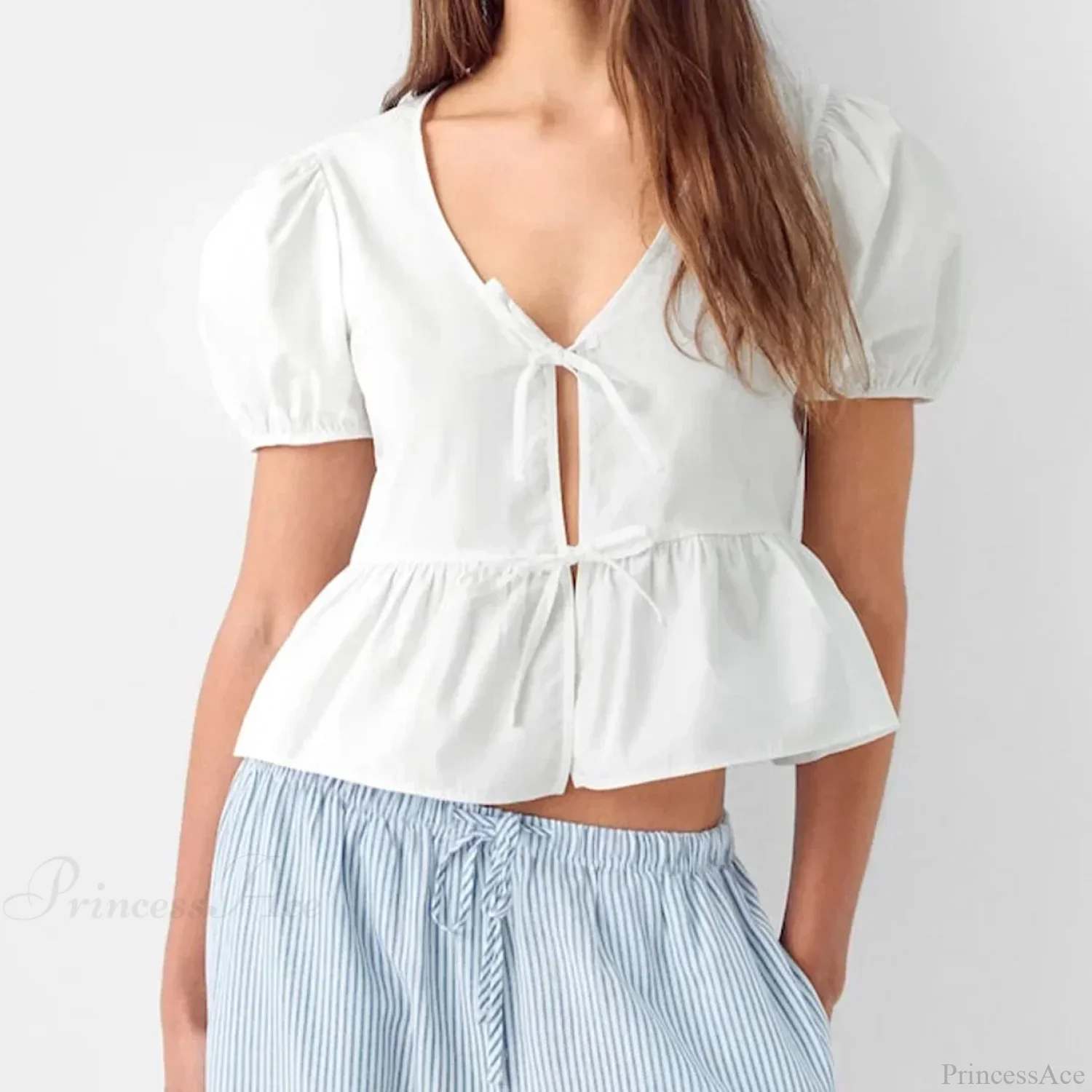 V-neck Open Front Tie-up Short Sleeve Blouse - Image 5