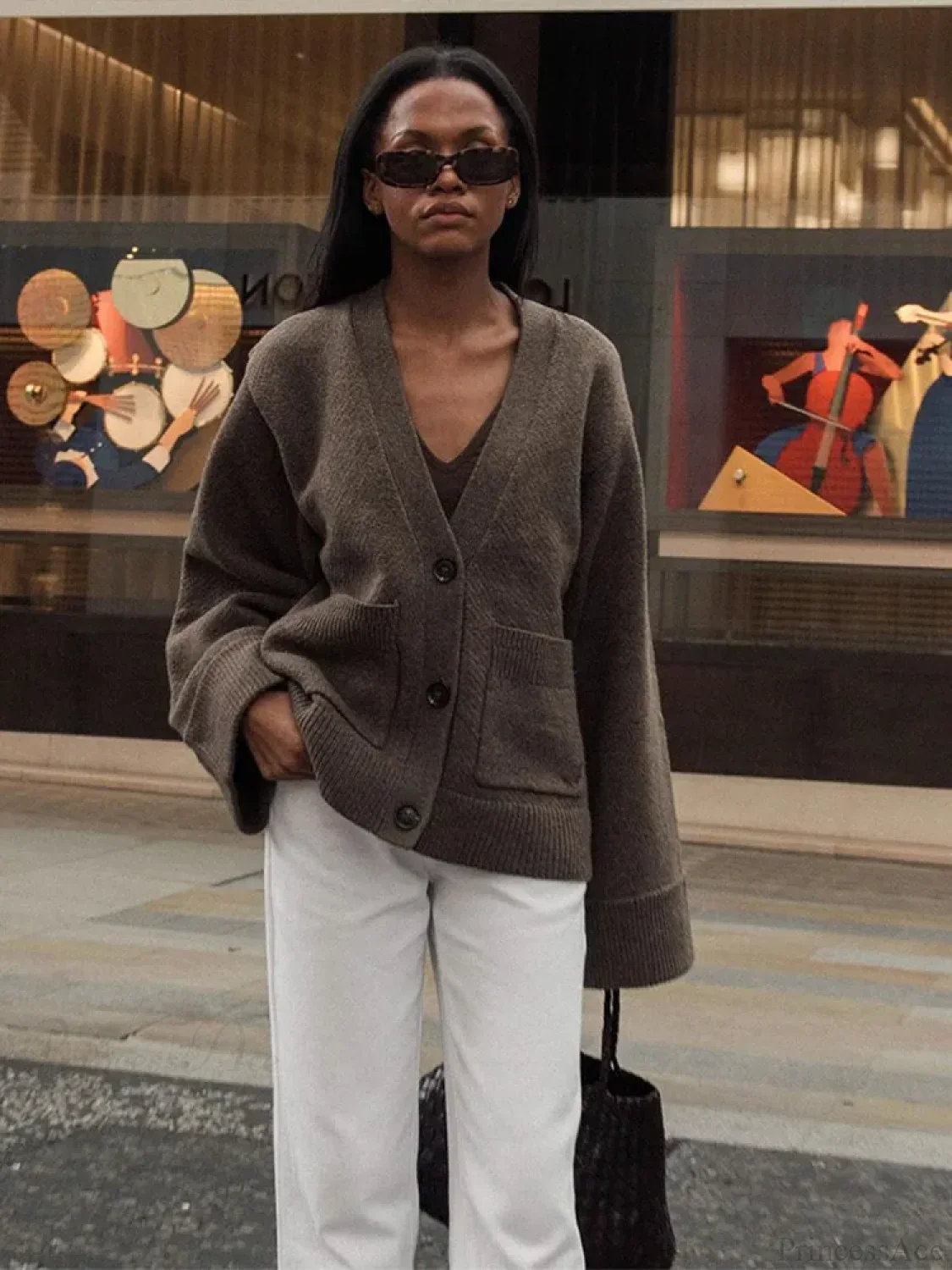 V-neck Pocket Long Sleeve Cardigan - Image 3