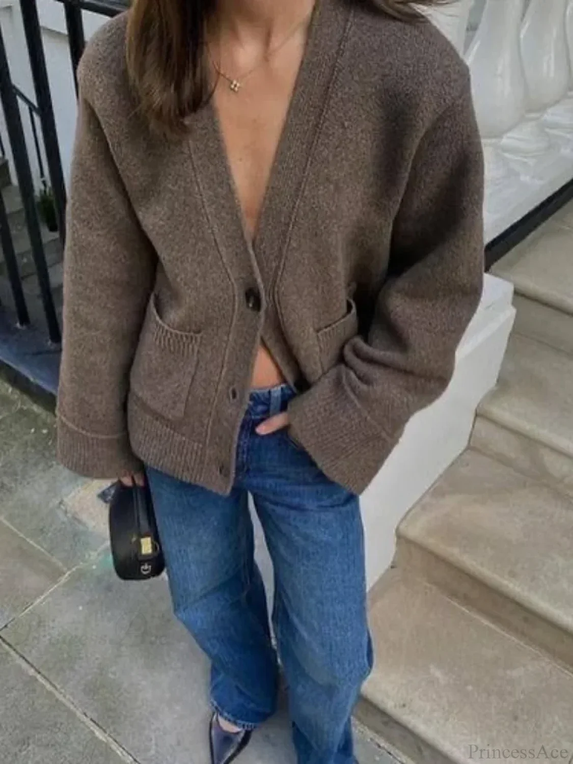 V-neck Pocket Long Sleeve Cardigan - Image 4