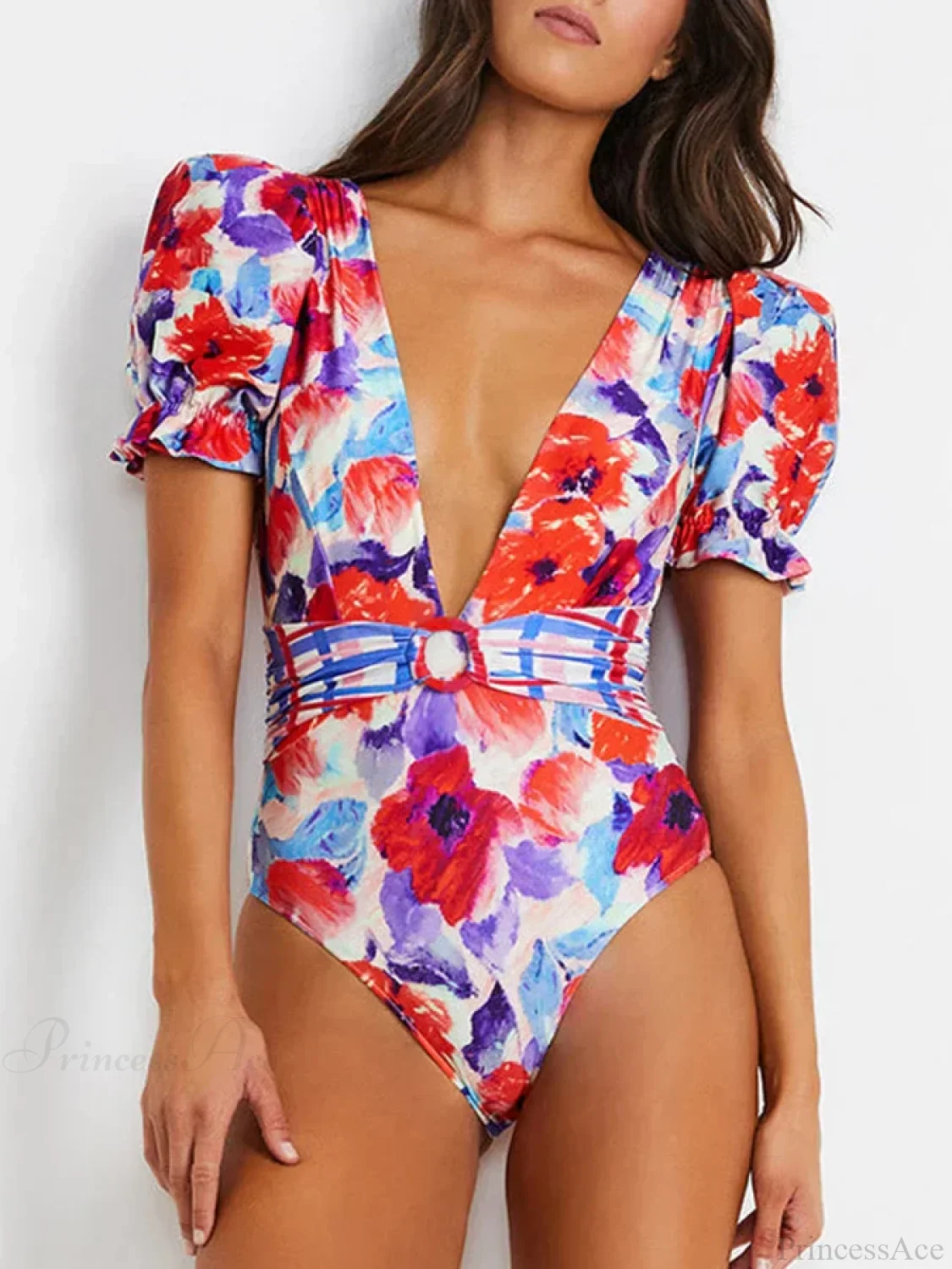 V-neck Printed Bubble Sleeve Swimsuit One Piece - Image 3