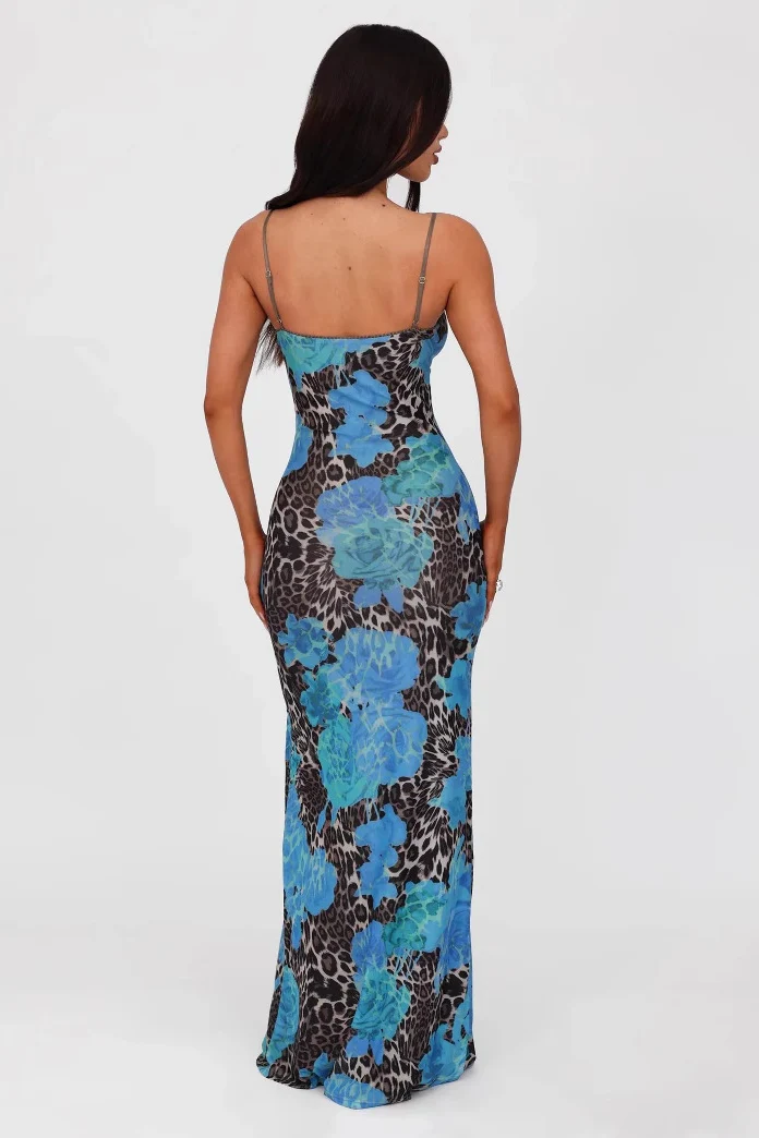 V Neck Printed Colorblock Backless Maxi Dress - Image 5