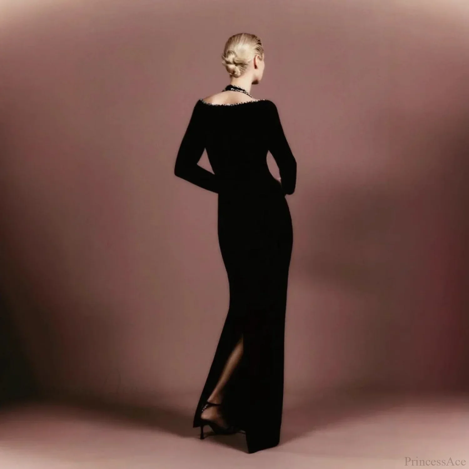 V-Neck Rhinestone Bandage Long Sleeve Fall Prom Dress - Image 2