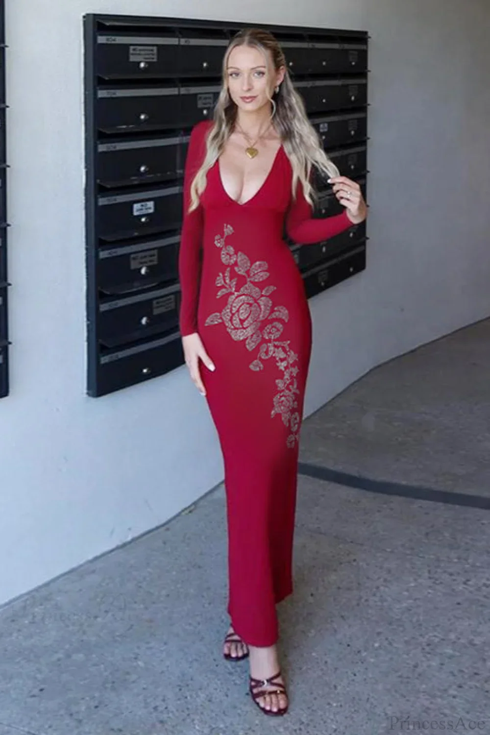 V Neck Rhinestone Fitted Maxi Dress