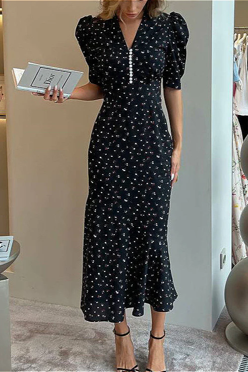 V Neck Ruffled High Waist Short Sleeve Floral Dress - Image 6