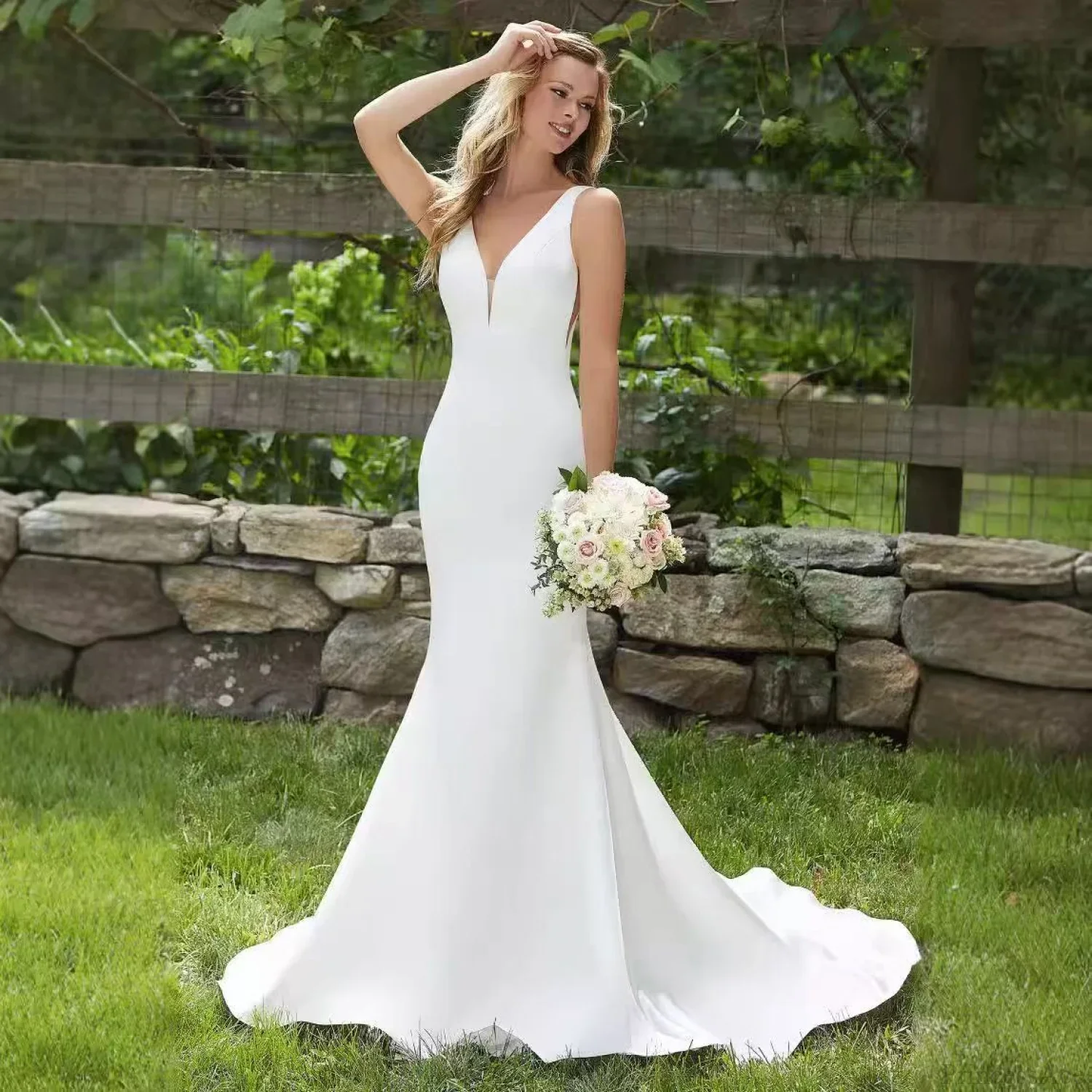 V-Neck Satin Mermaid Bridal Wedding Dress - Image 2