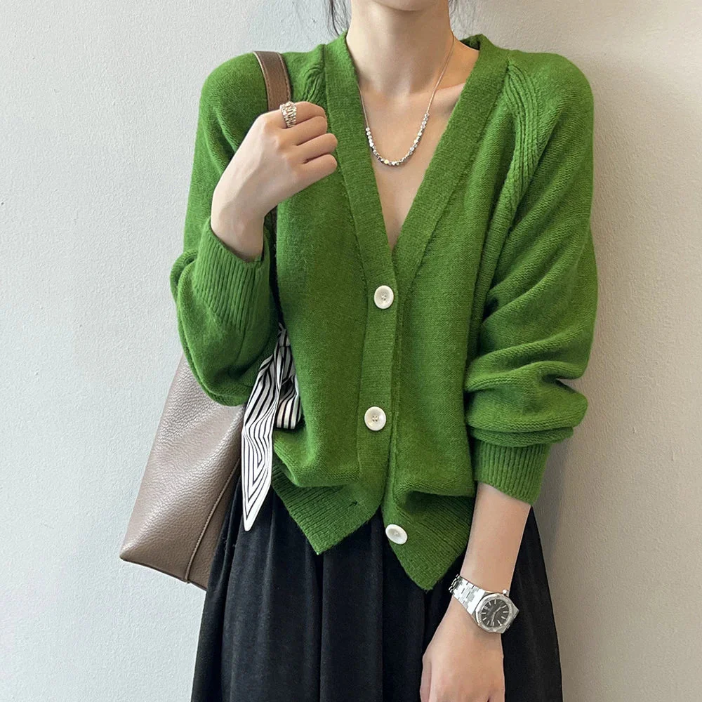 V-Neck Single Button Knitted Green Cape Clothes Autumn Women Sweater - Image 5
