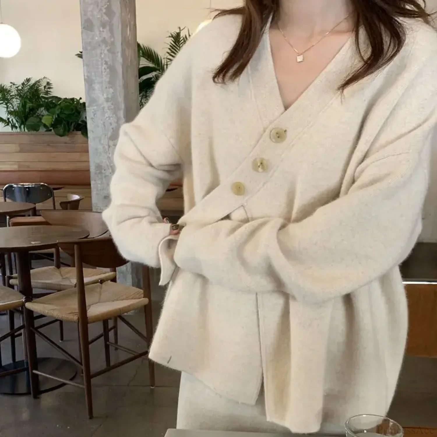 V-Neck Solid Simplicity Office Lady Autumn Knit Cardigan - Image 3