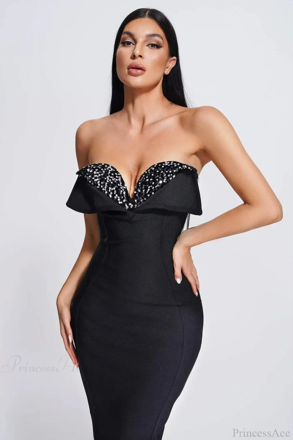 V-Neck Strapless Black Party Dress - Image 3