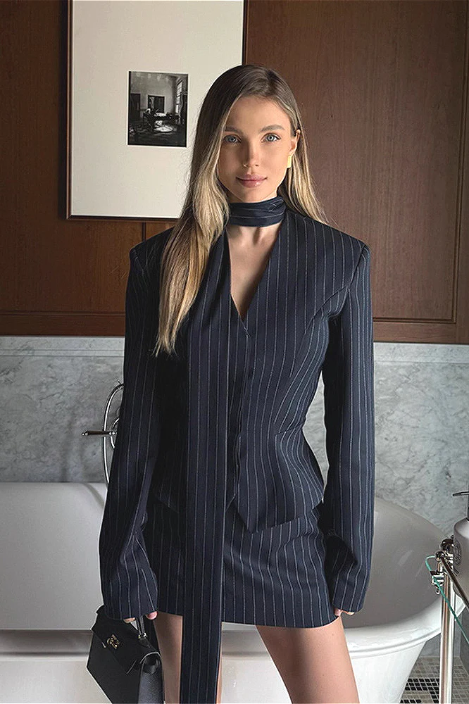 V Neck Striped Fitted Blazer Skirt Two Piece Set