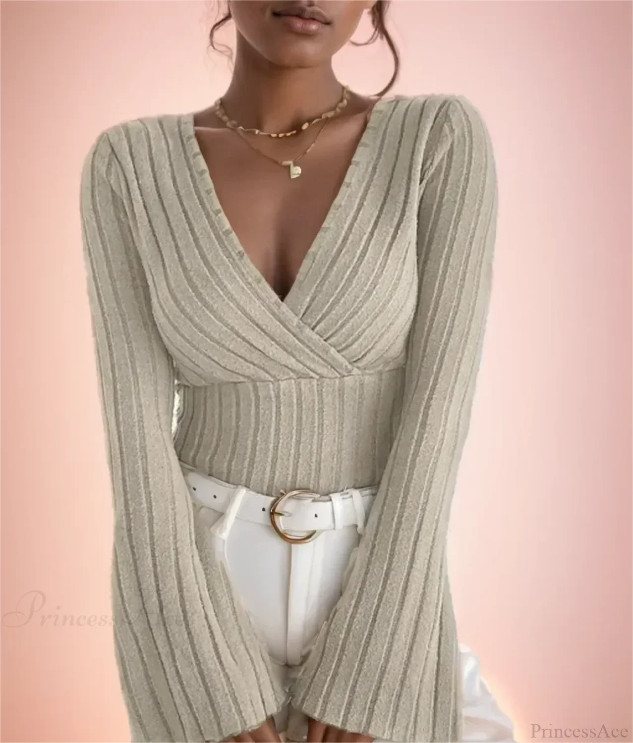 V-neck Striped Long Sleeve Knit Sweater - Image 3