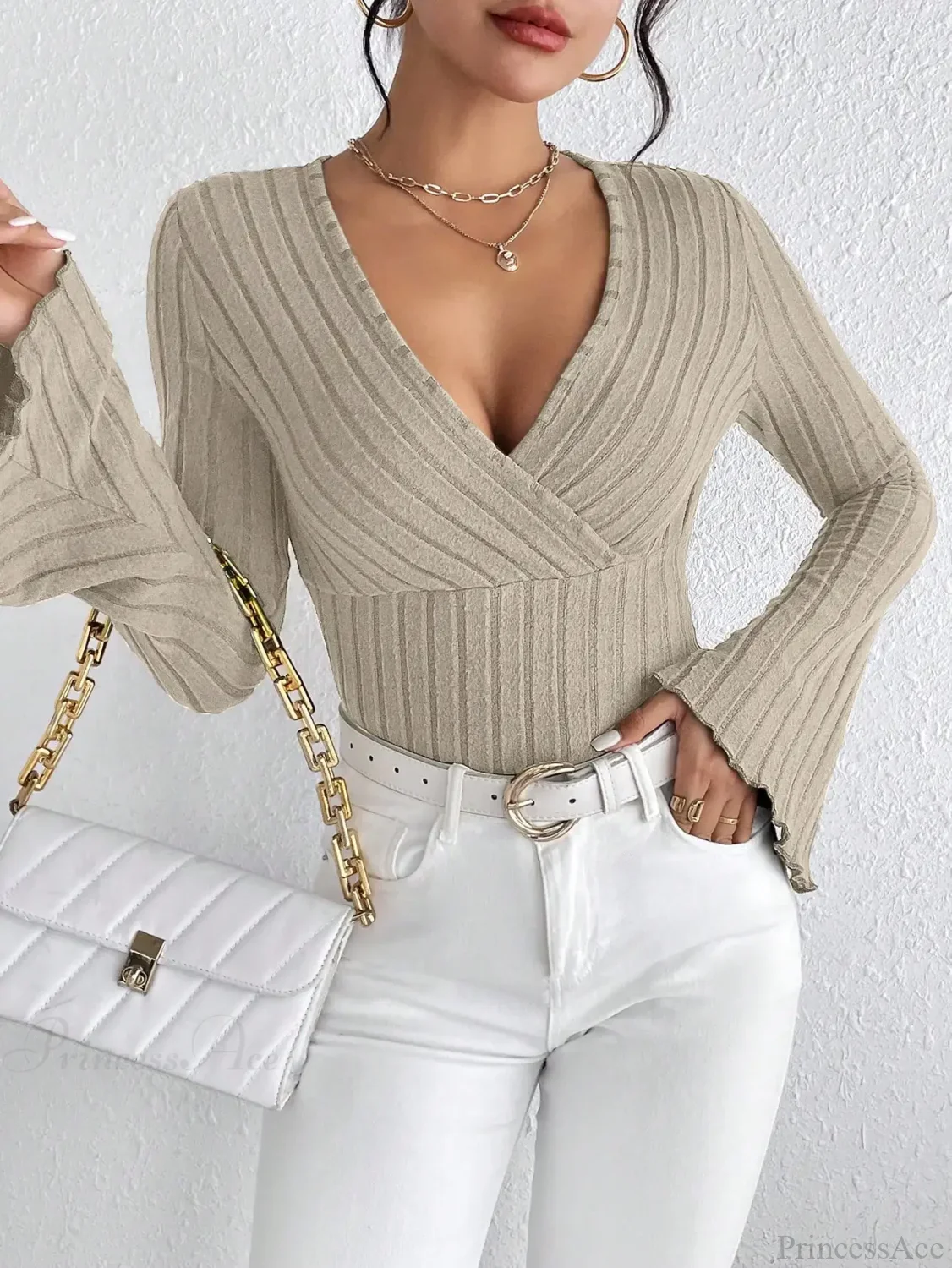 V-neck Striped Long Sleeve Knit Sweater - Image 5
