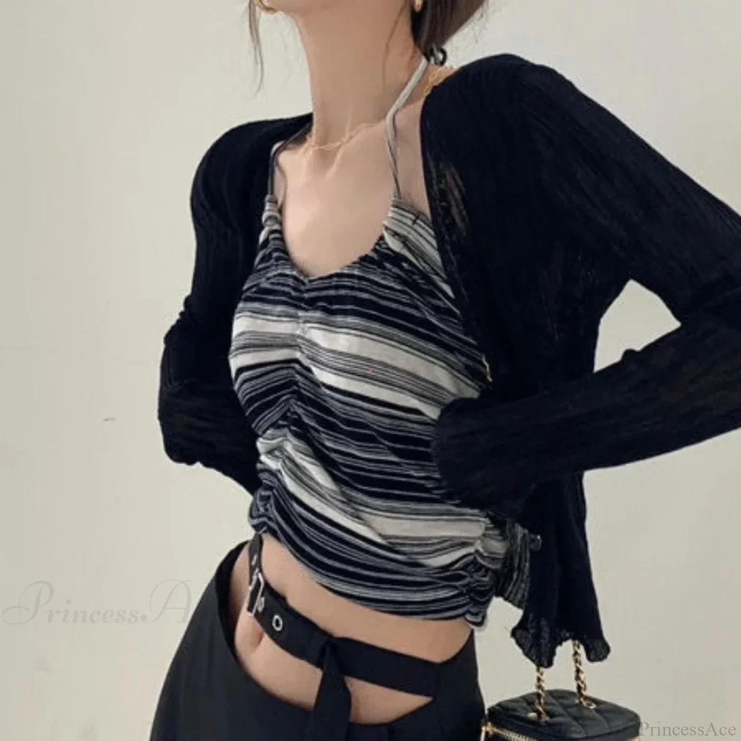 V-Neck Thin Long Sleeve Sunscreen Casual Black White Cardigan - Image 4