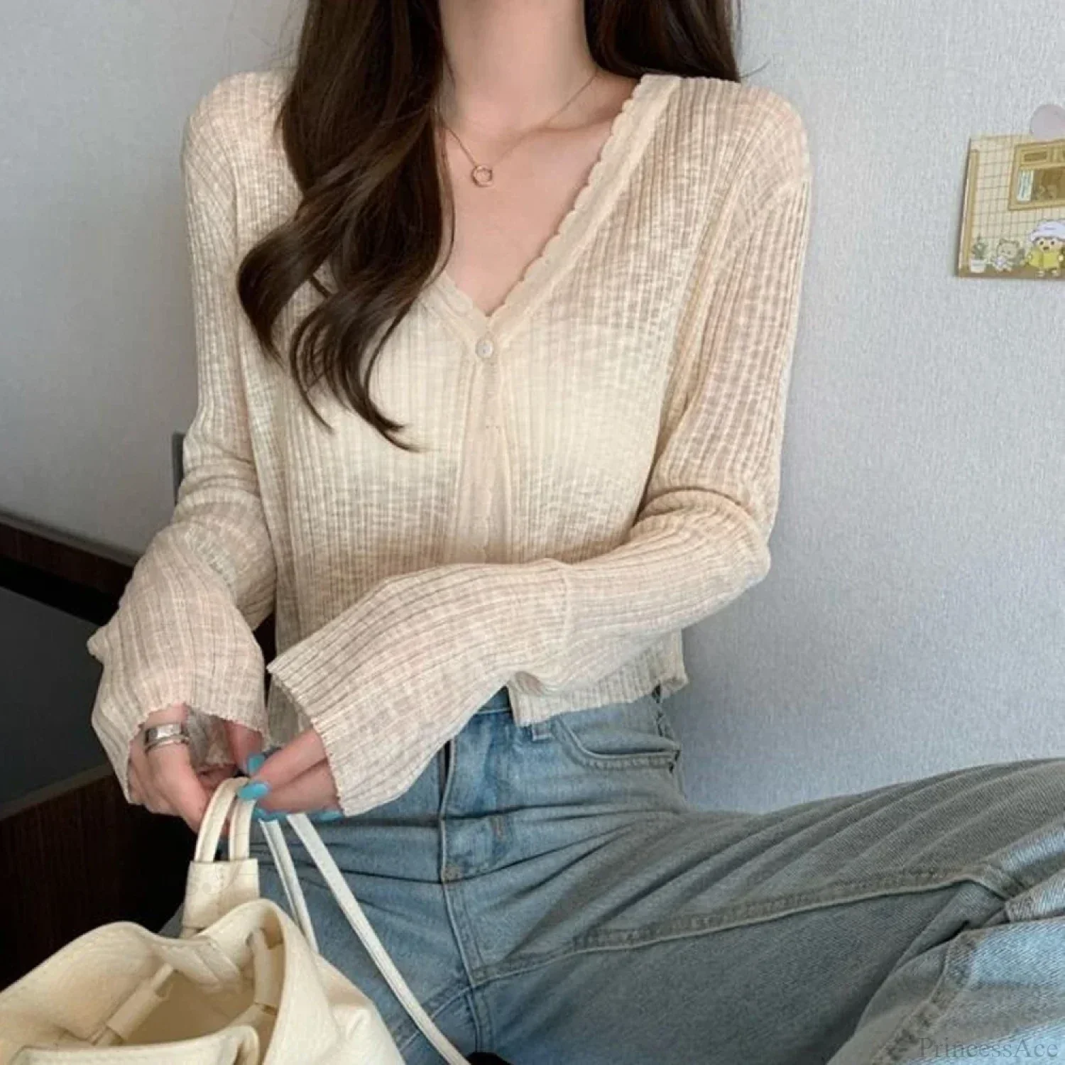 V-Neck Thin Sunscreen Korean Style Knit Summer Cardigan - Image 2
