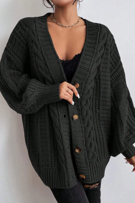 V-Neck Vintage Cable Knit Balloon Sleeve Cardigan - Image 10