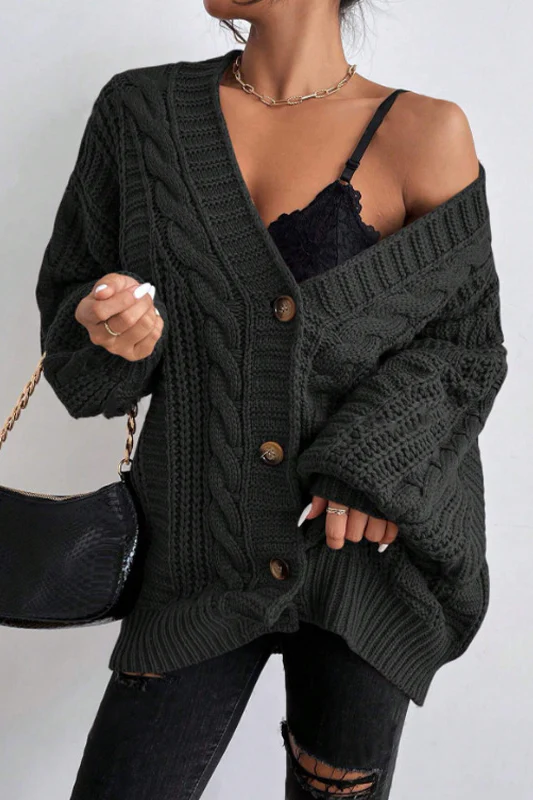 V-Neck Vintage Cable Knit Balloon Sleeve Cardigan - Image 11