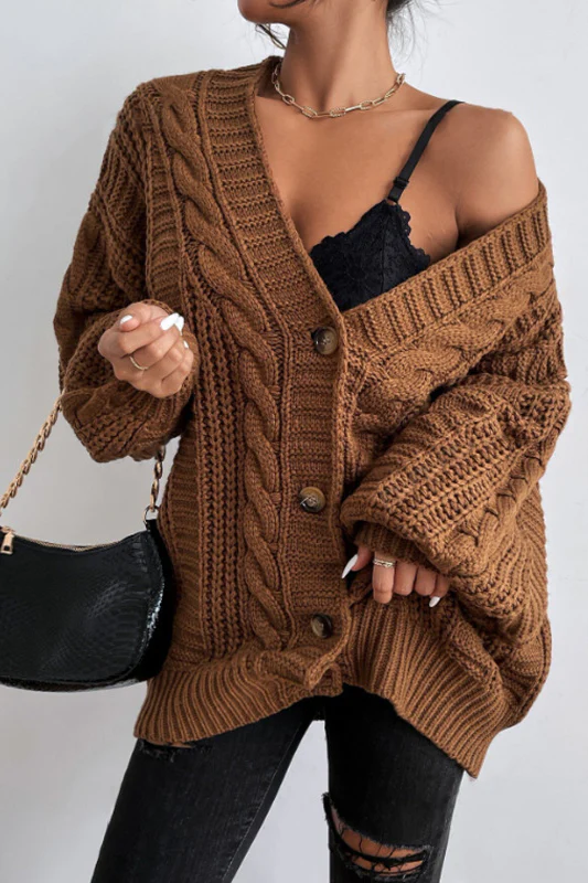 V-Neck Vintage Cable Knit Balloon Sleeve Cardigan - Image 2