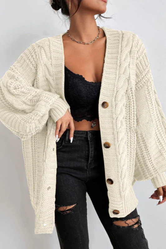V-Neck Vintage Cable Knit Balloon Sleeve Cardigan - Image 4
