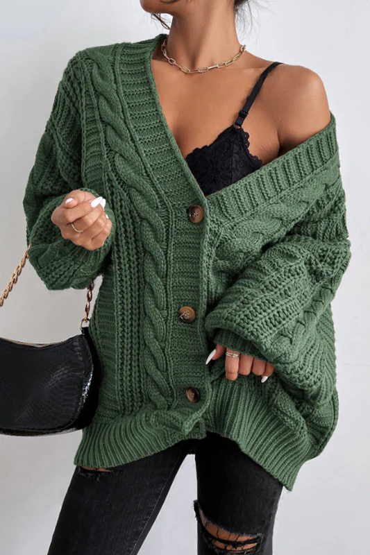 V-Neck Vintage Cable Knit Balloon Sleeve Cardigan - Image 7