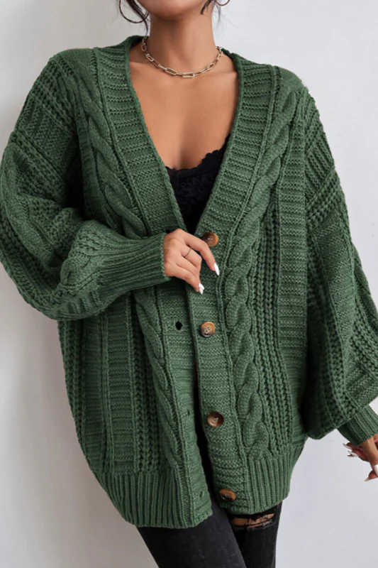 V-Neck Vintage Cable Knit Balloon Sleeve Cardigan - Image 8