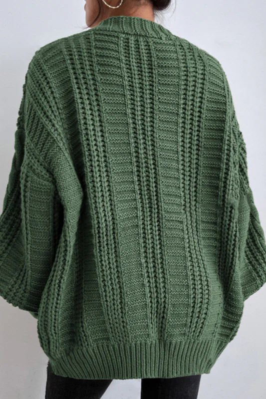 V-Neck Vintage Cable Knit Balloon Sleeve Cardigan - Image 9
